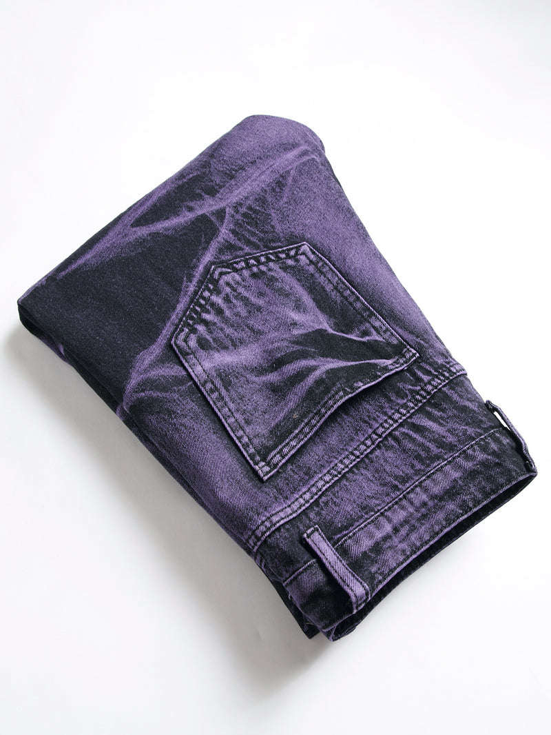 Purple And Black Fried Ripped Denim Trousers