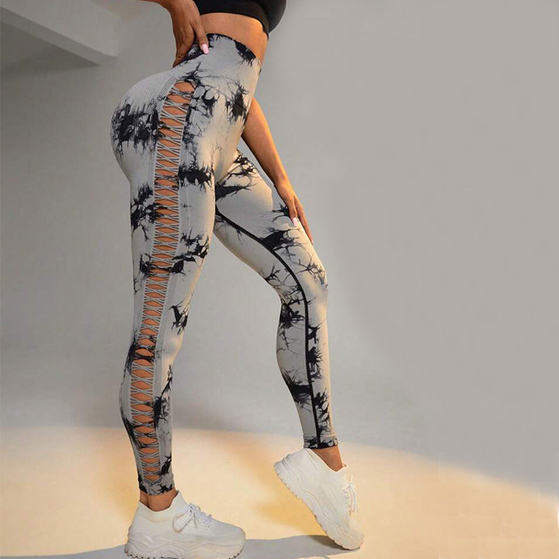 Pantalones de yoga con estampado de teñido anudado hueco, mallas deportivas sin costuras para levantamiento de glúteos de cintura alta, gimnasio y Fitness