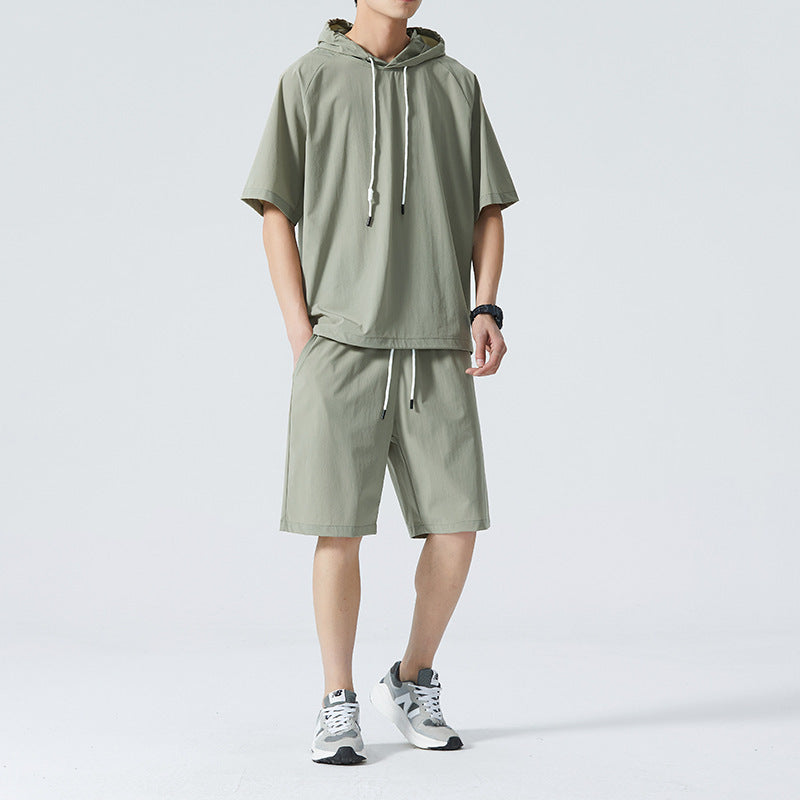 Men's Ice Silk Hooded High Street Short Sleeve T-shirt Shorts Set