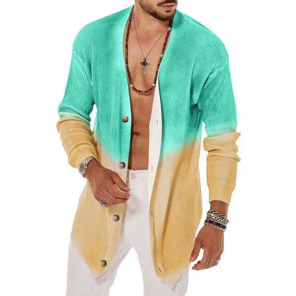 Suéter tipo cárdigan de manga larga teñido anudado de cinco colores para hombre