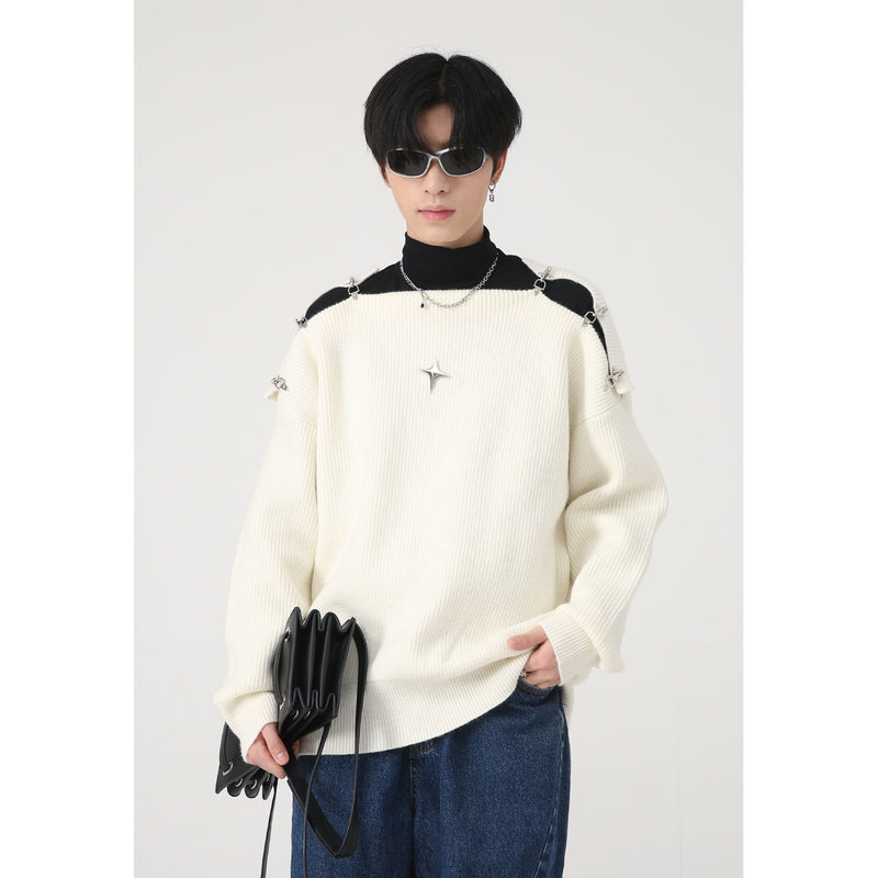 Korean Style Metal Buckle Hollow Design Knitted Sweater