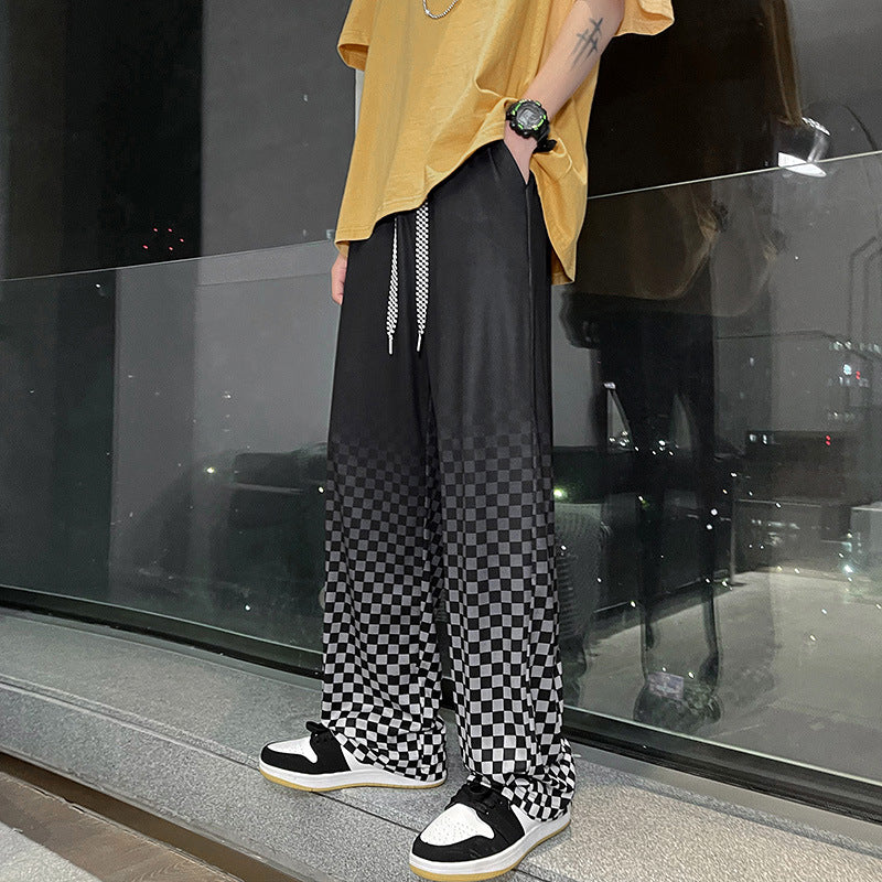 Gradient Color Chessboard Grid Ice Silk Mop Trousers
