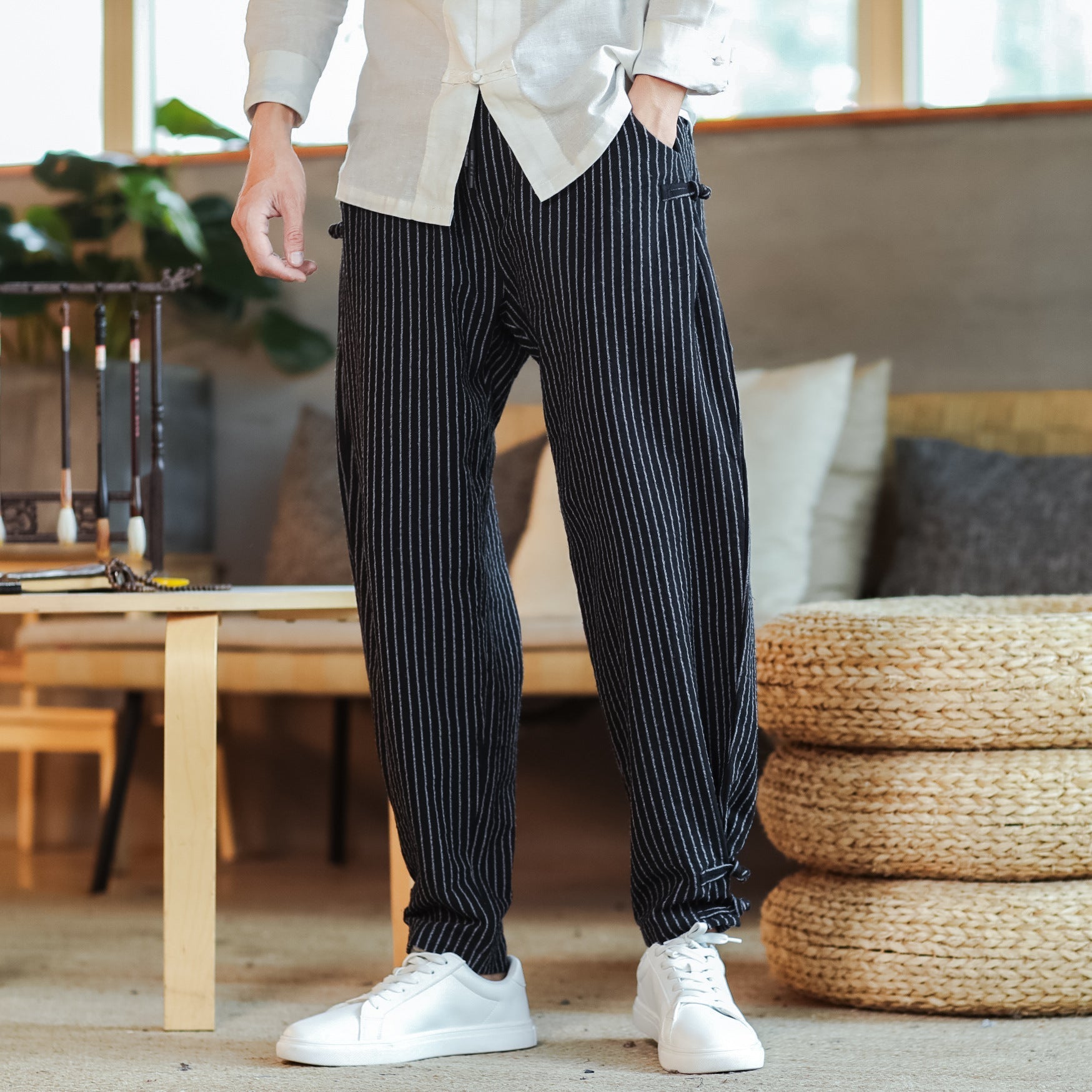 Striped Trousers Men's Disc Buckle Harem Pants