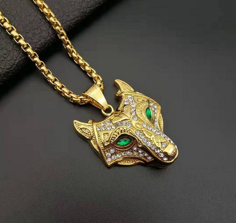 Gold Viking Wolf Head Necklace Pendant With Chain