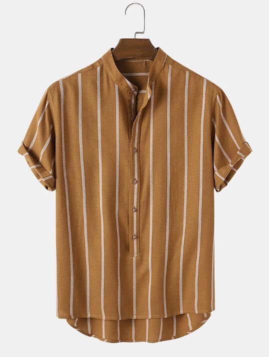 Striped Men's Stand Collar Short Sleeve Shirt Men