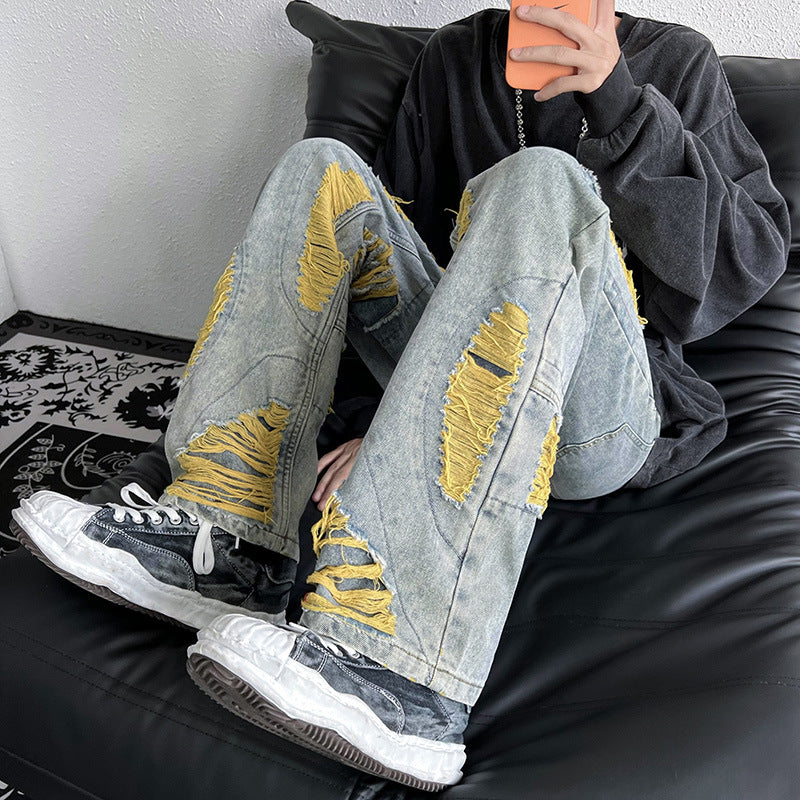 Raw Embroidery Ripped Jeans For Men