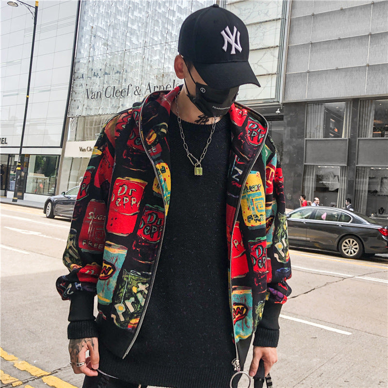 Printed Cardigan High Street Hip Hop Men's Loose Hooded Jacket