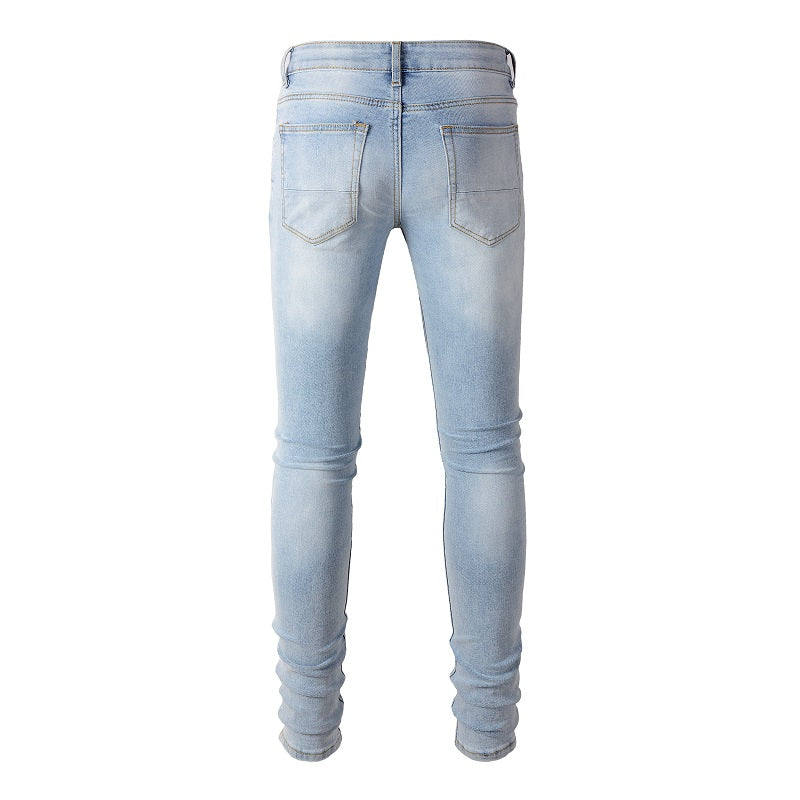 Leather Patched Holes Elastic Slim Fitting Jeans For Men