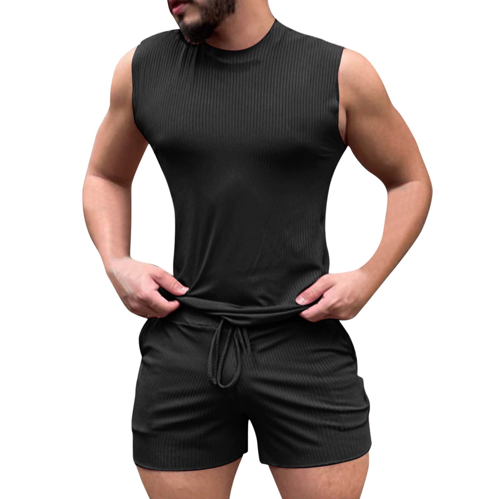 Summer Sleeveless Shorts Sports Black Cotton Vest