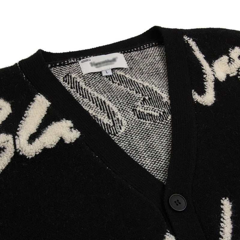 Over Printed Letters Flocking Embroidery V-neck Knitted Cardigan