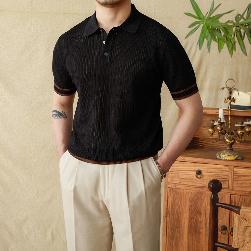 Dolce Contrast Crochet Knit Short Sleeve Polo Shirt