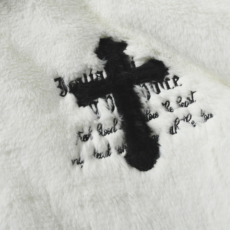 Men's Hip Hop Letter Embroidered Rabbit Fur Jacket