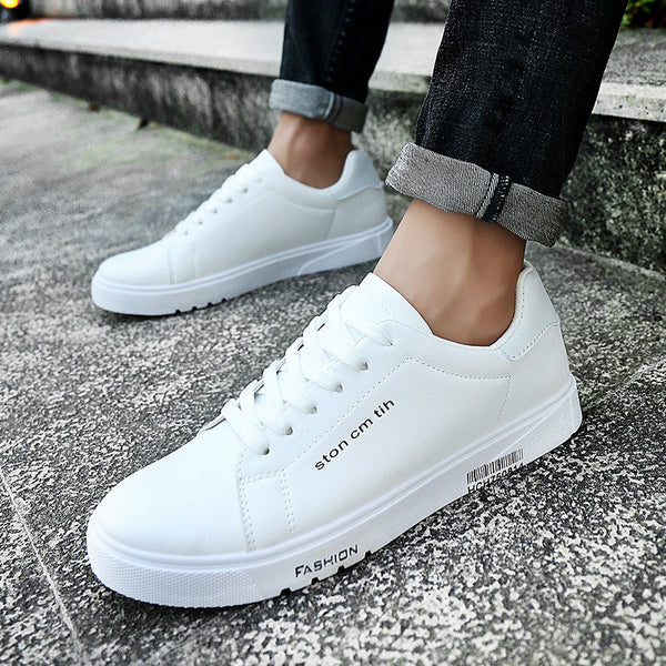 Men's Lace-Up Sneakers, Low-Top Breathable White Shoes