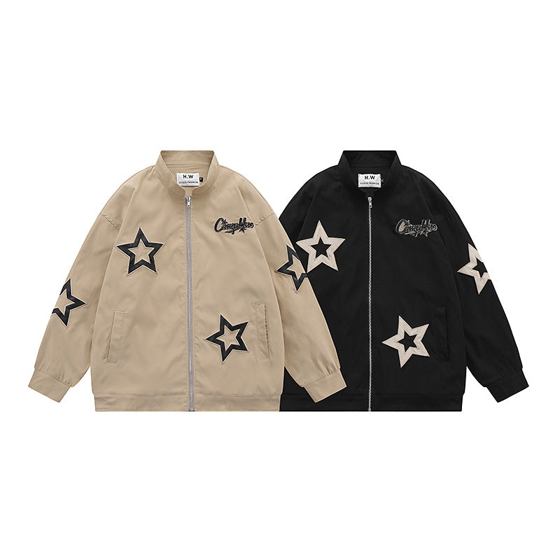 Men's Retro Star Embroidered Stand Collar Jacket