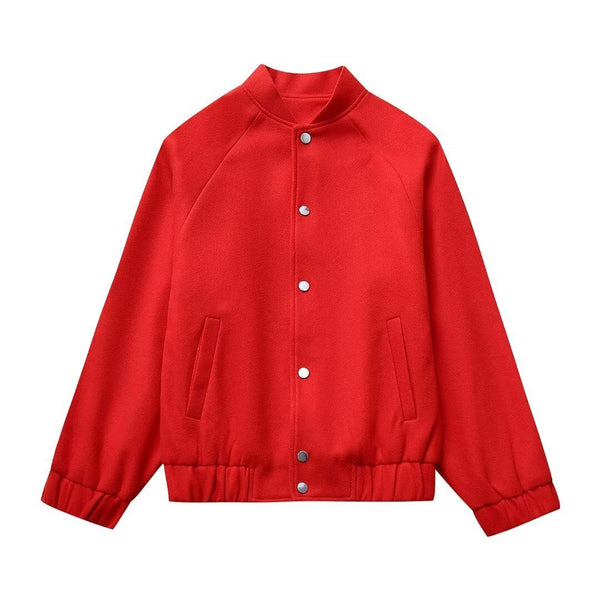 Red Stand-up Collar Casual Woolen Baseball Uniform Jacket