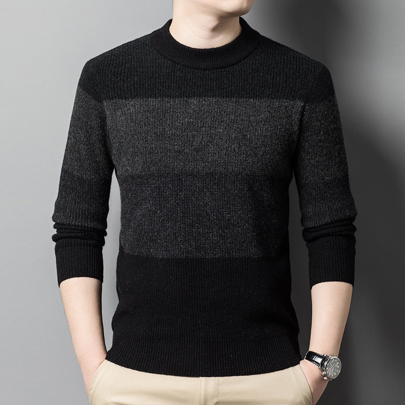 Middle-aged Worsted Round Neck Striped Casual Thick Sweater