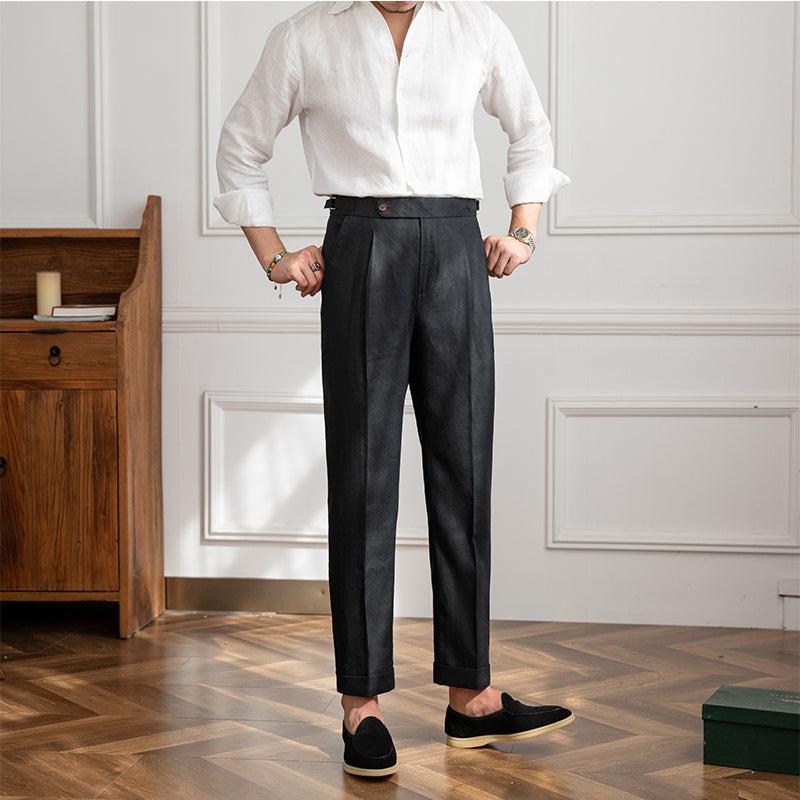 Pantalones de pierna recta de lino para hombre Pantalones de cintura alta