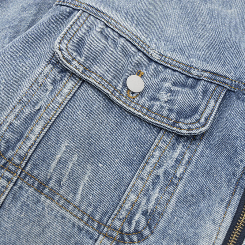 High Street Tide Wash Raw Edges Design Lapel Denim Jacket