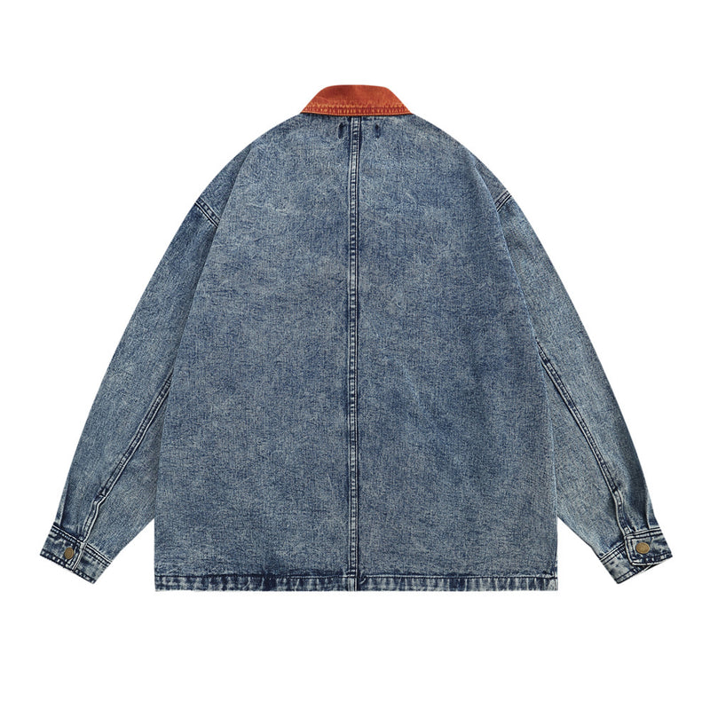 Workwear Leaf Embroidery Contrast Color Lapels Shirt Jacket