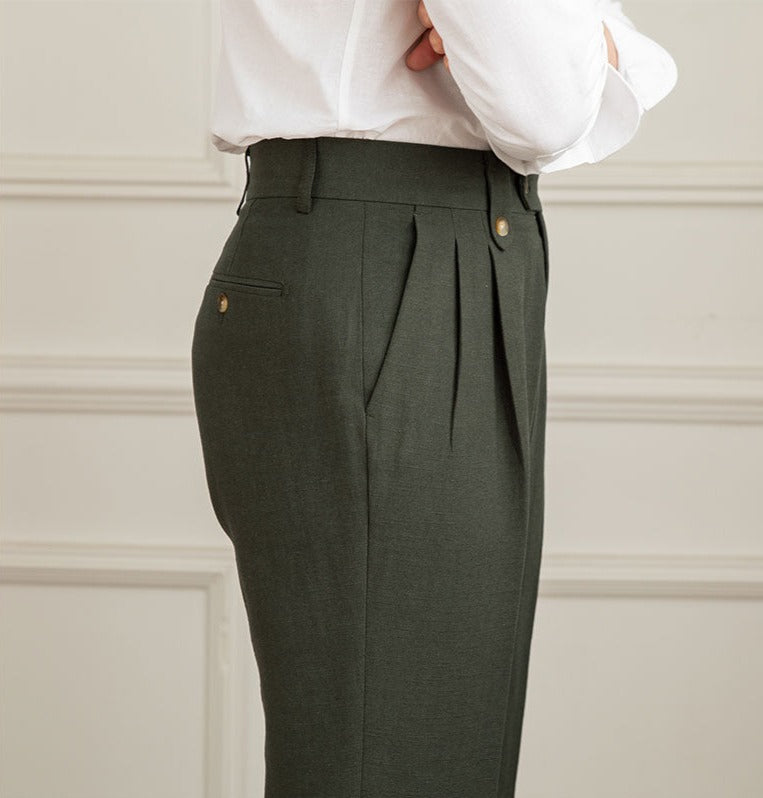 Roma Linen Blend Double Pleated Straight Fit Trousers