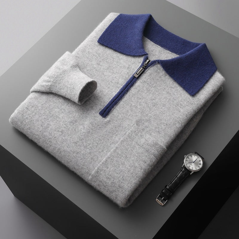 Wool Knitted Half-open Polo Long-sleeved Fleece Sweater