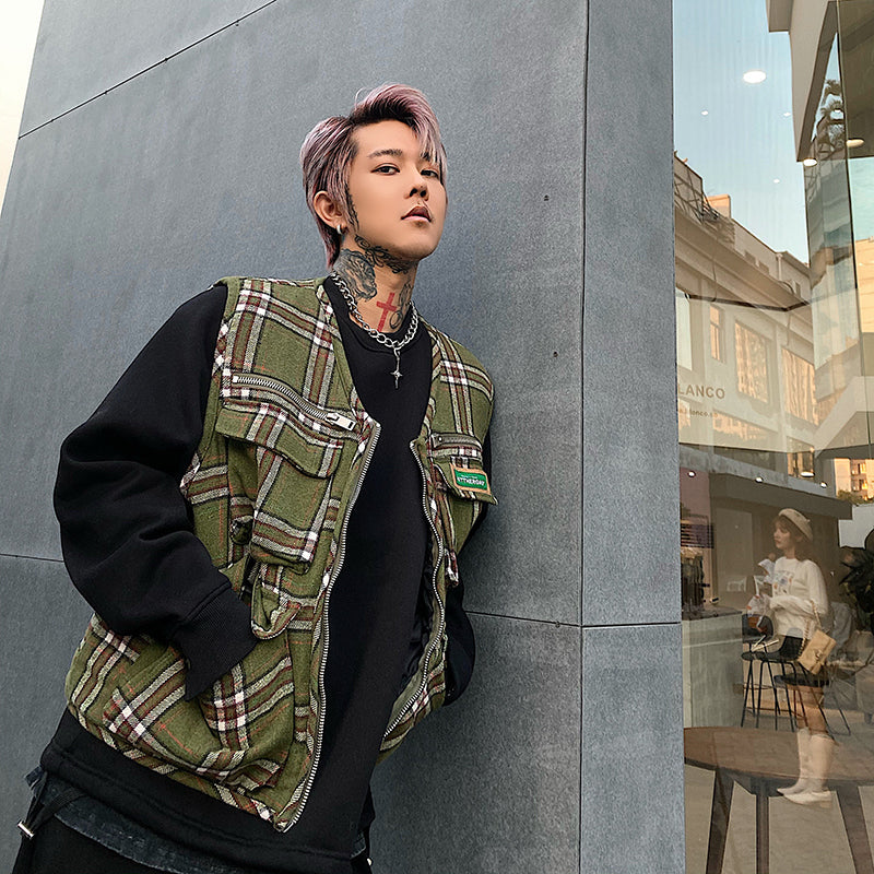 Green plaid hip-hop handsome loose cardigan jacket