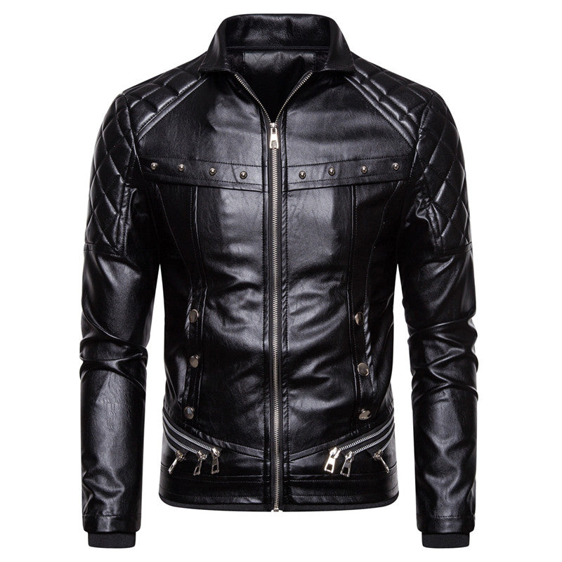 Detachable Wool Collar Rivet Windproof Locomotive Leather Jacket