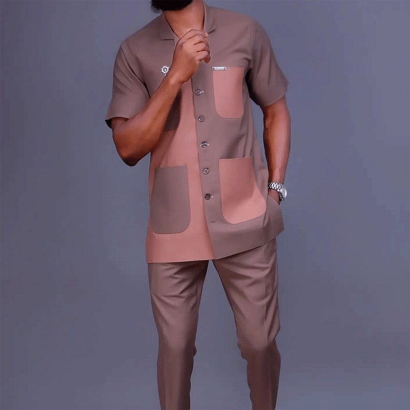 New Ins Ethnic Style Simple Color Block Pocket Men's Casual Suit Set