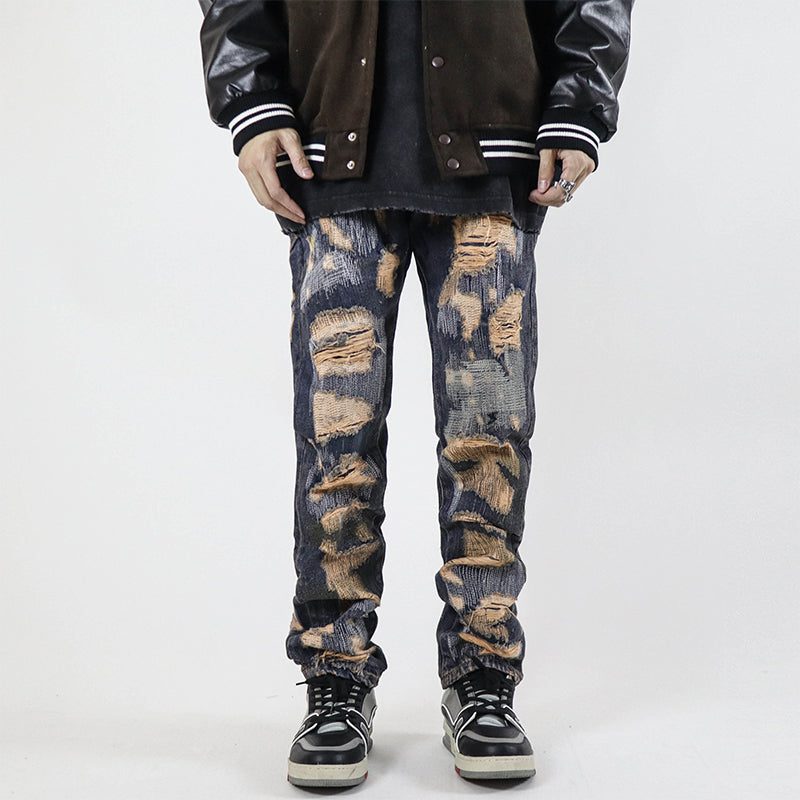 High Street Retro Washed Straight Hole Blasted Street Jeans Men