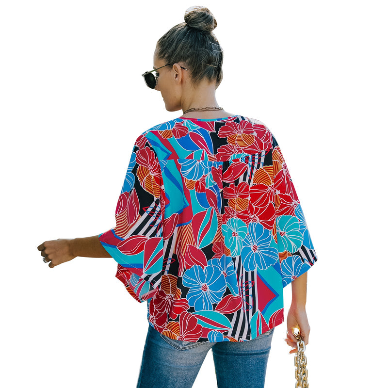 European And American Women's Five-quarter Sleeve Loose Floral Shirt