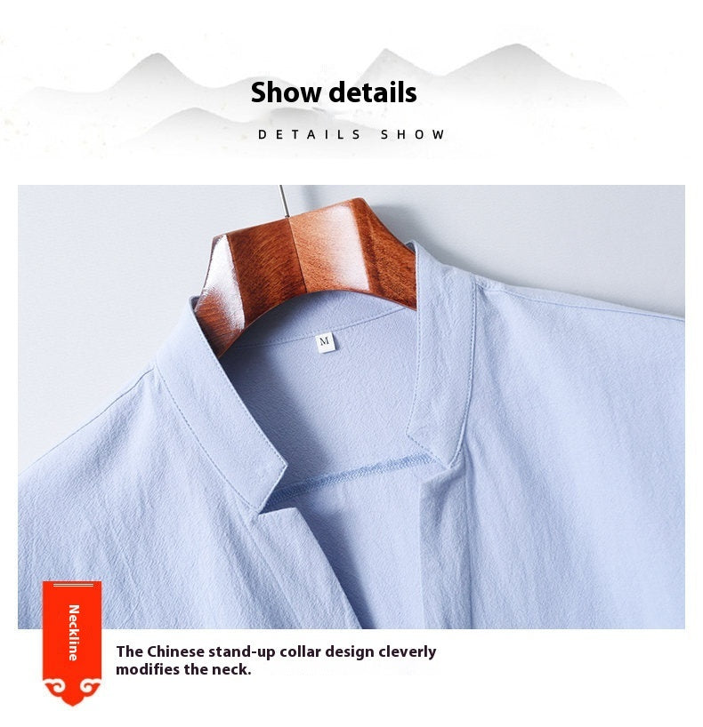 Cotton And Linen Crepe Solid Color Men's Long-sleeved Shirt