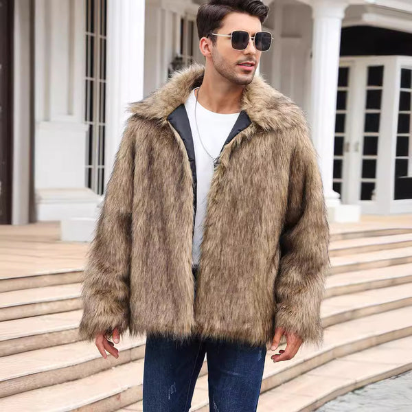 Men's Lapel Short Faux Fur Jacket Warm Overcoat