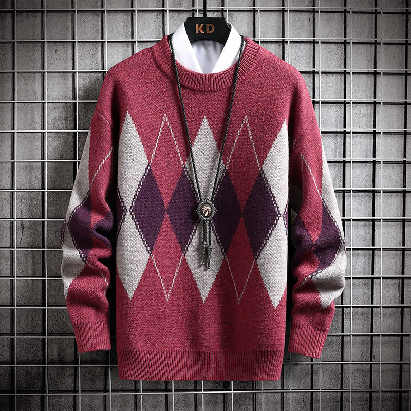 Men's Round Neck Trend Loose Plaid Sweater