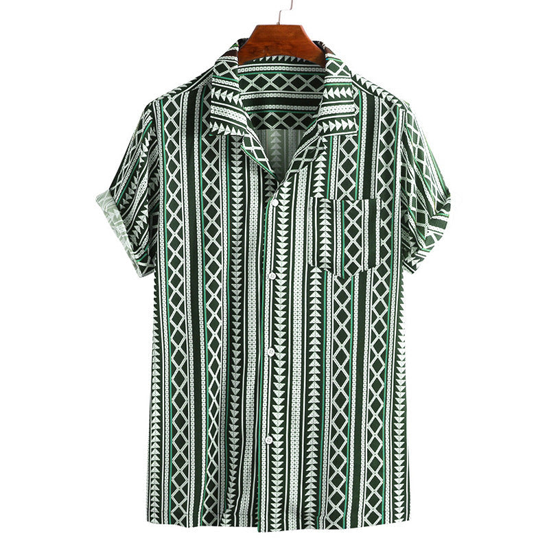 Men's Printed Short-sleeved Striped Shirt