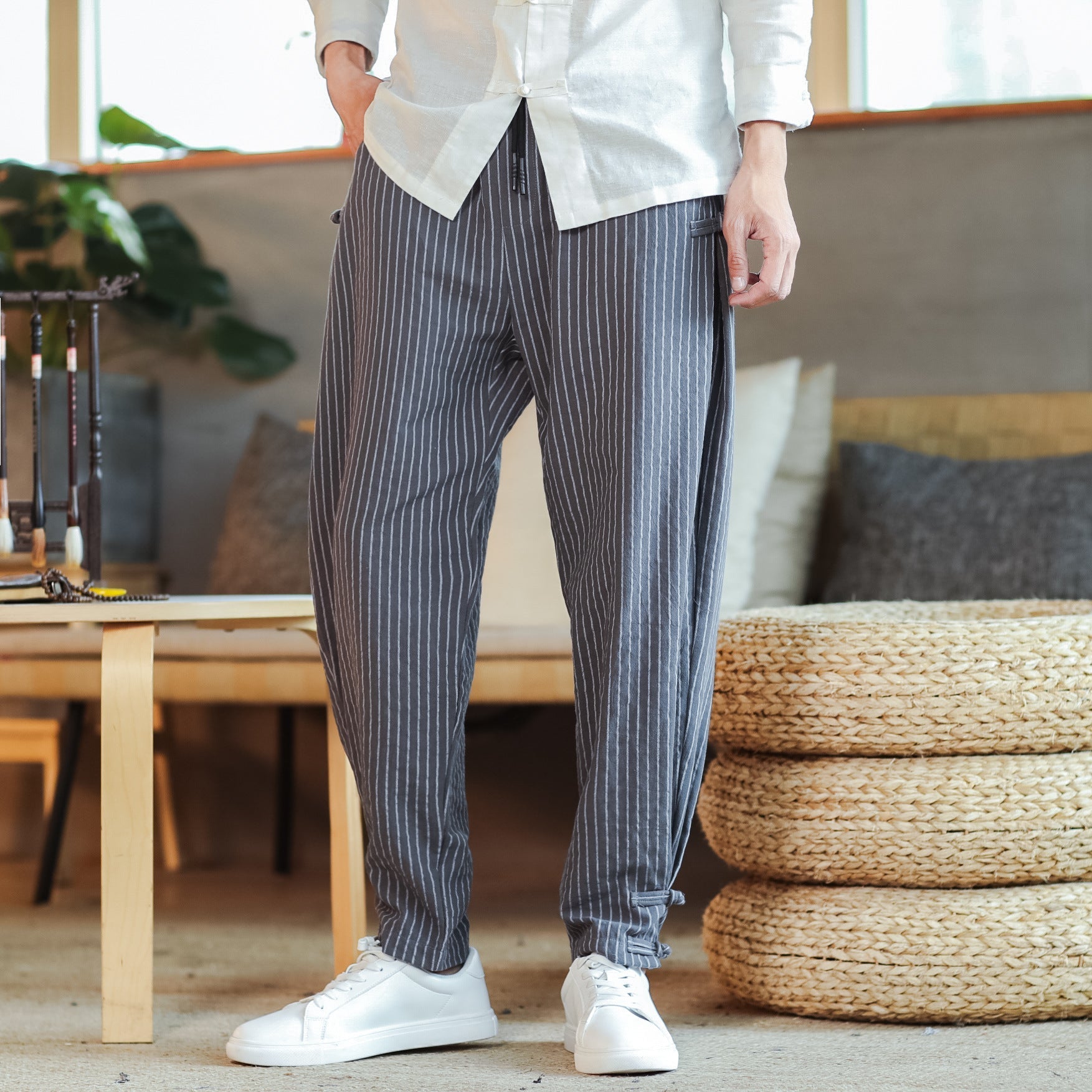 Striped Trousers Men's Disc Buckle Harem Pants