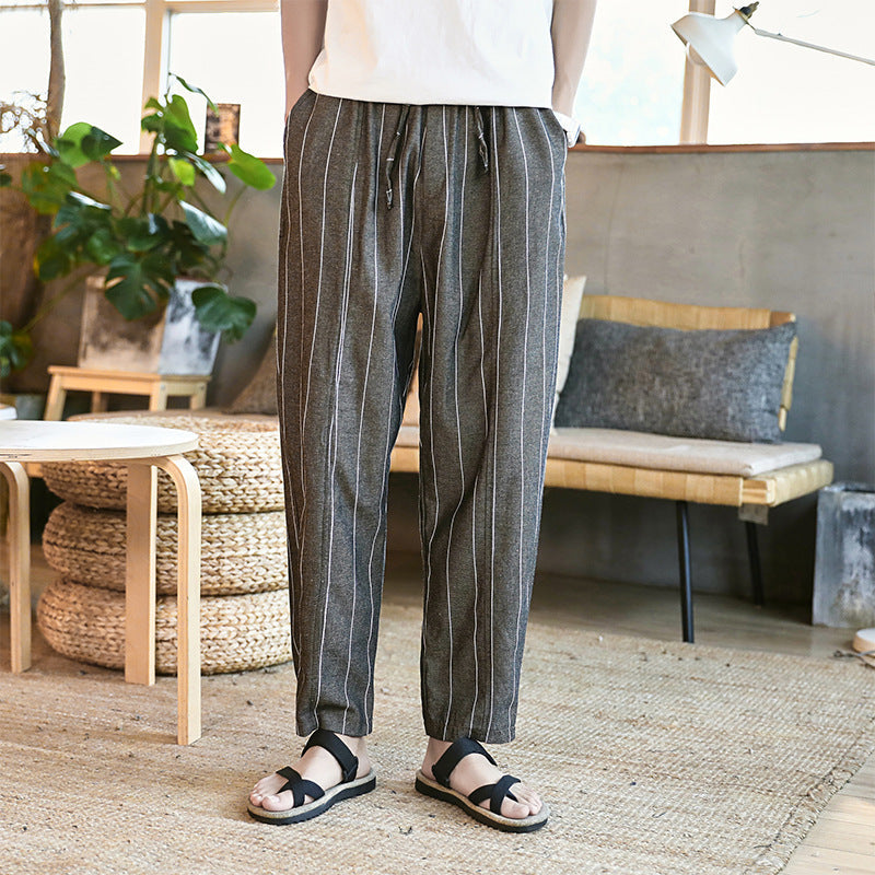 Linen casual loose pants vertical stripes straight trousers male