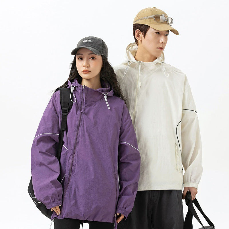 Oblique Zipper Solid Color Sun Protection Hooded jacket