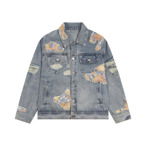 Lace Stitching Ripped Denim Coat