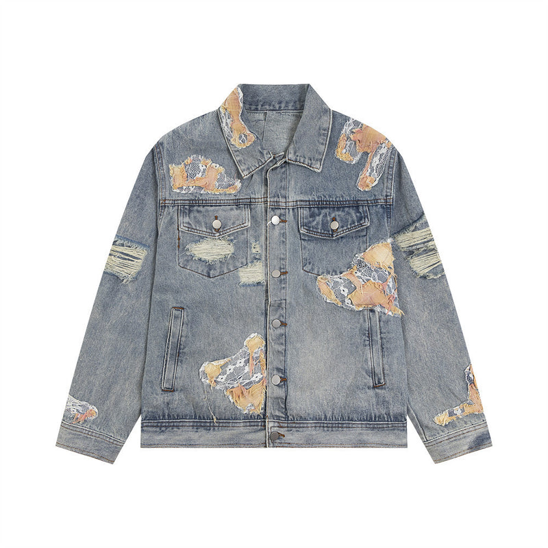 Lace Stitching Ripped Denim Coat