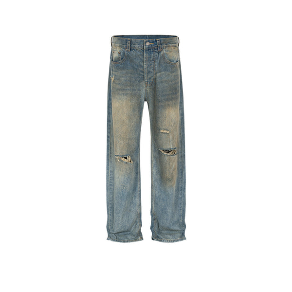 Men's Ripped Washed And Worn Mud Dyed Jeans