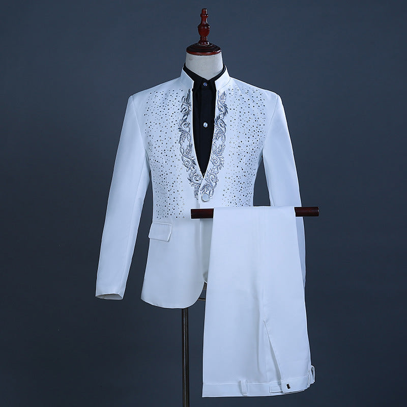 Men's Hot Flower Rhinestone Stand Collar Suit