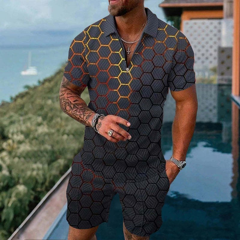 Men's Casual Zipper Short Sleeve summer set