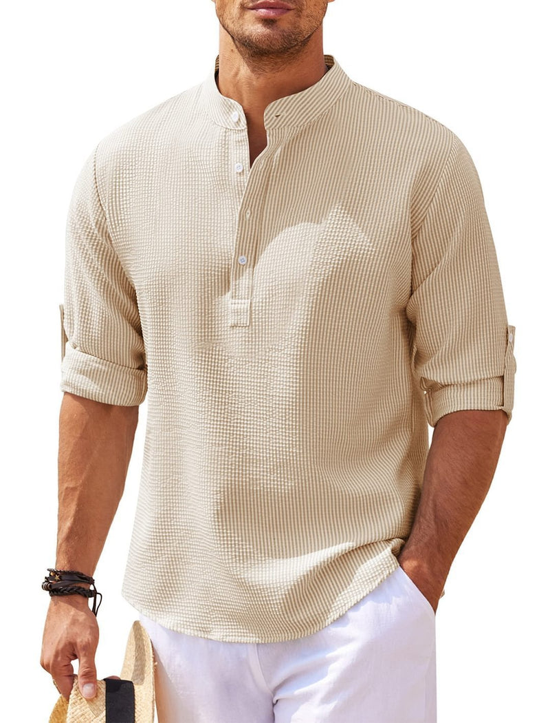 Men's Casual Long Sleeve Stand Collar Solid Color Shirt