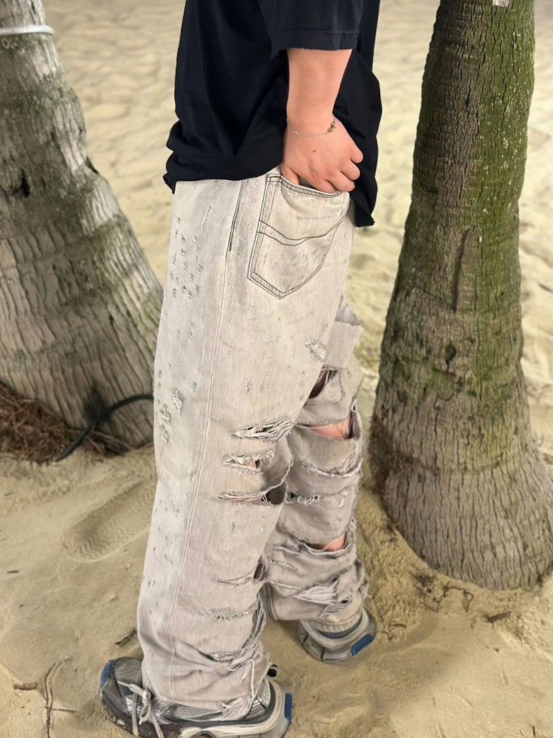 Graphite Gray Tide Mud Worn Ripped Big Damage Jeans