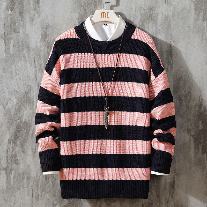 Men's Round Neck Pullover Striped Sweater