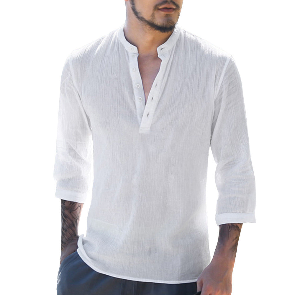 Solid Color Half Sleeve V Neck Linen Shirt