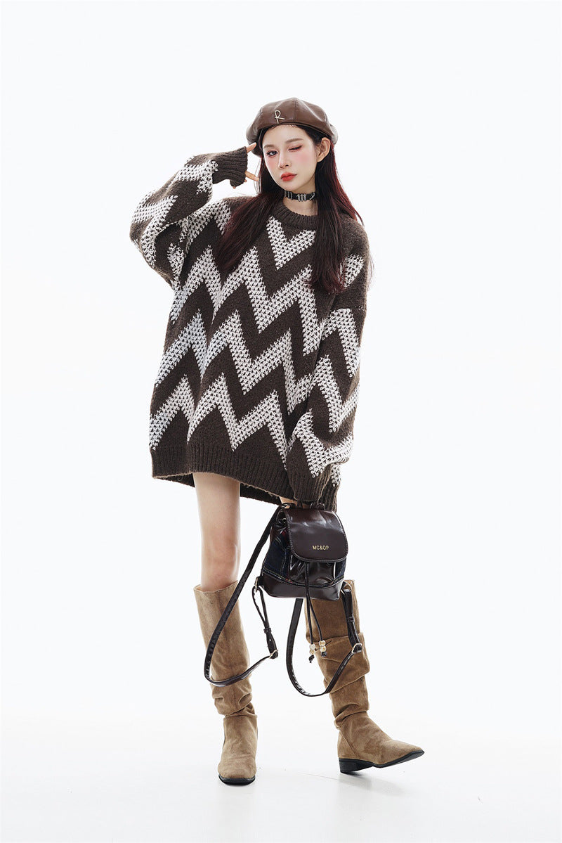 Retro Diamond Plaid Contrast Color Wave Striped Sweater