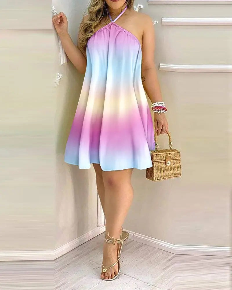 Printed Summer Off-Shoulder Hanging Neck Sleeveless Sexy Dresses