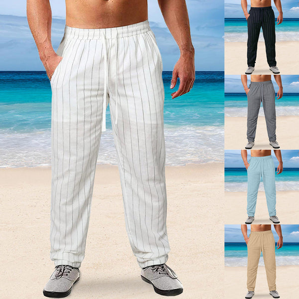 Men's Vertical Stripe Lace Elastic Waist Cotton Linen pants