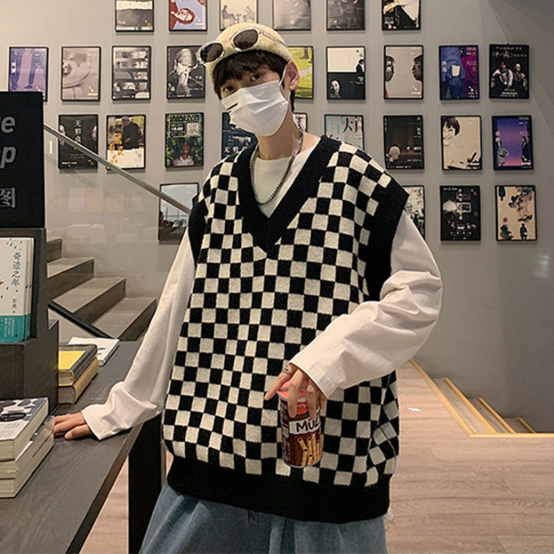 V-Neck Couple Vest Chessboard Knit Coat